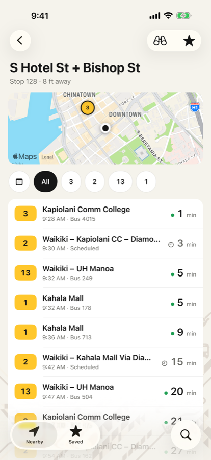 The Stop screen: S Hotel St + Bishop St with a map, route filter chips and a list of departures with countdowns