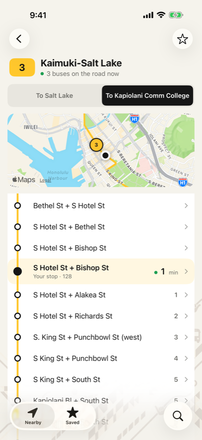 The Route screen for Route 1: a direction toggle, a map of the line and a timeline of stops with live buses between them