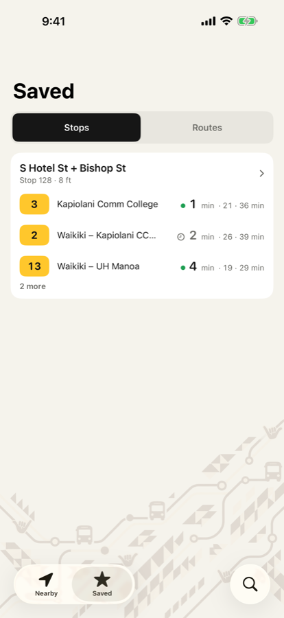 The Saved screen: a saved stop card listing three routes with their next departure times